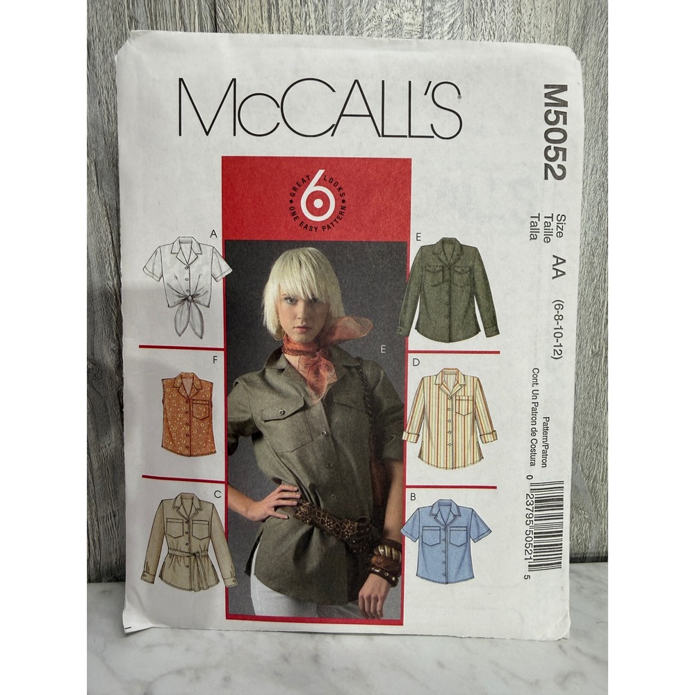 McCall's M5052 Sewing Pattern Womens Shirts Blouses Size 6-12 Tie Front Utility - Picture 1 of 4